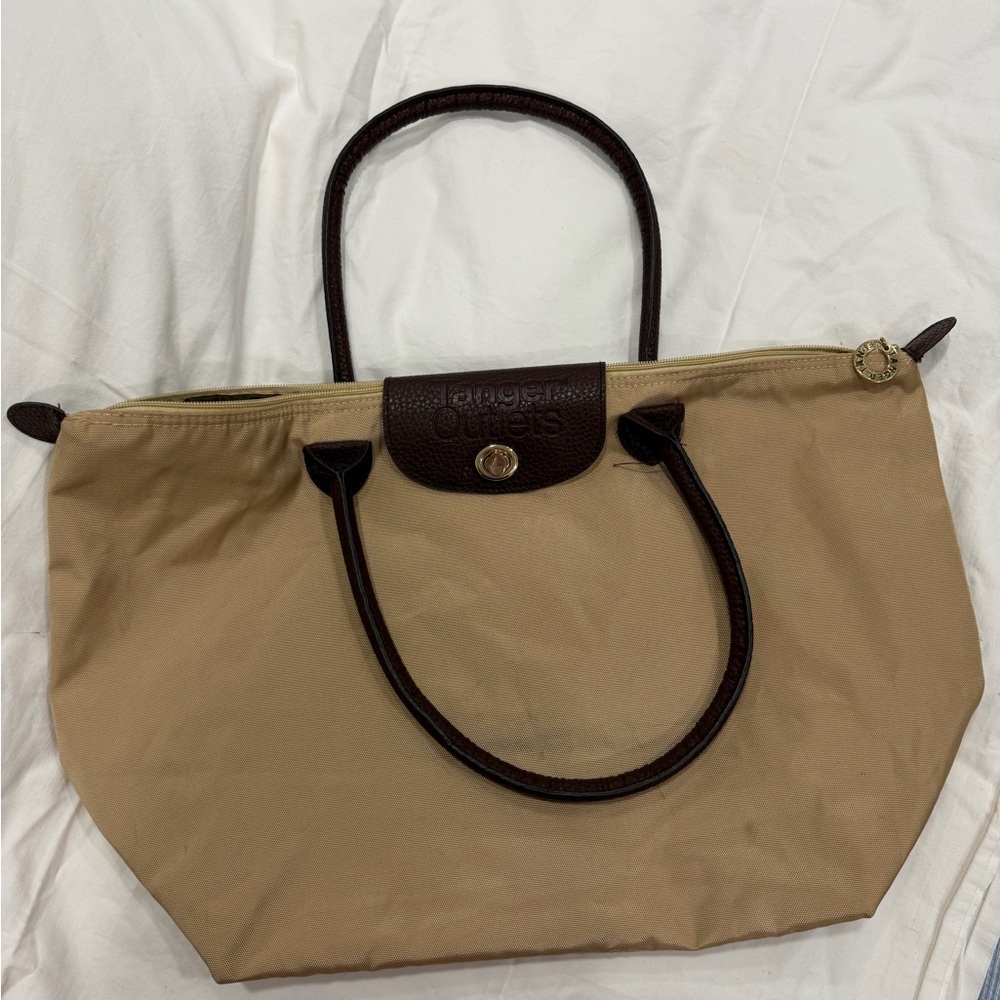 Tanger Outlets Beige Nylon Tote Bag Brown Handles Foldable Everyday Bag